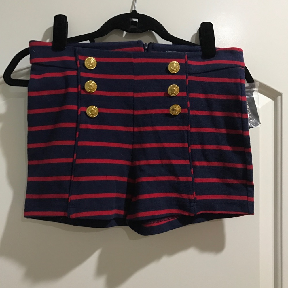 Navy and Red Stripe High Waisted Nautical Shorts.